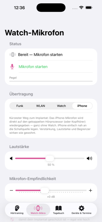 Watch-Mikrofon-Tab mit Übertragungsmodus, Lautstärke- und Empfindlichkeitsregler